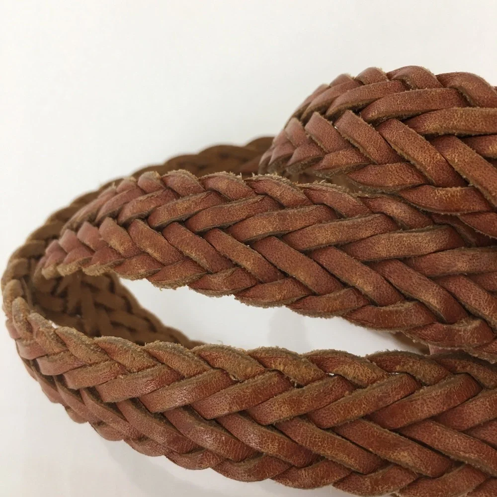 Surrey Women’s Brown Leather Belt Solid Brass Buckle Braided Woven Boho Size M